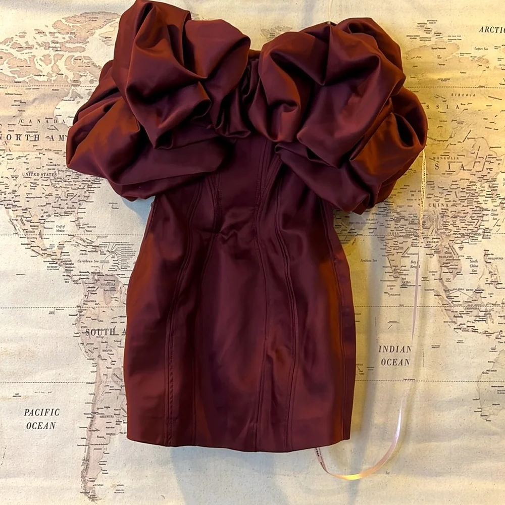 HOUSE OF CB 'Selena' Raisin Satin Ruffle Strapless Dress NWOT - Picture 8 of 15